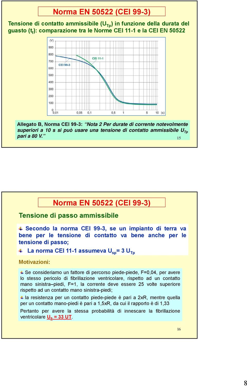 15 Tensione di passo ammissibile Secondo la norma CEI 99-3, se un impianto di terra va bene per le tensione di contatto va bene anche per le tensione di passo; La norma CEI 11-1 assumeva U sp =3U Tp