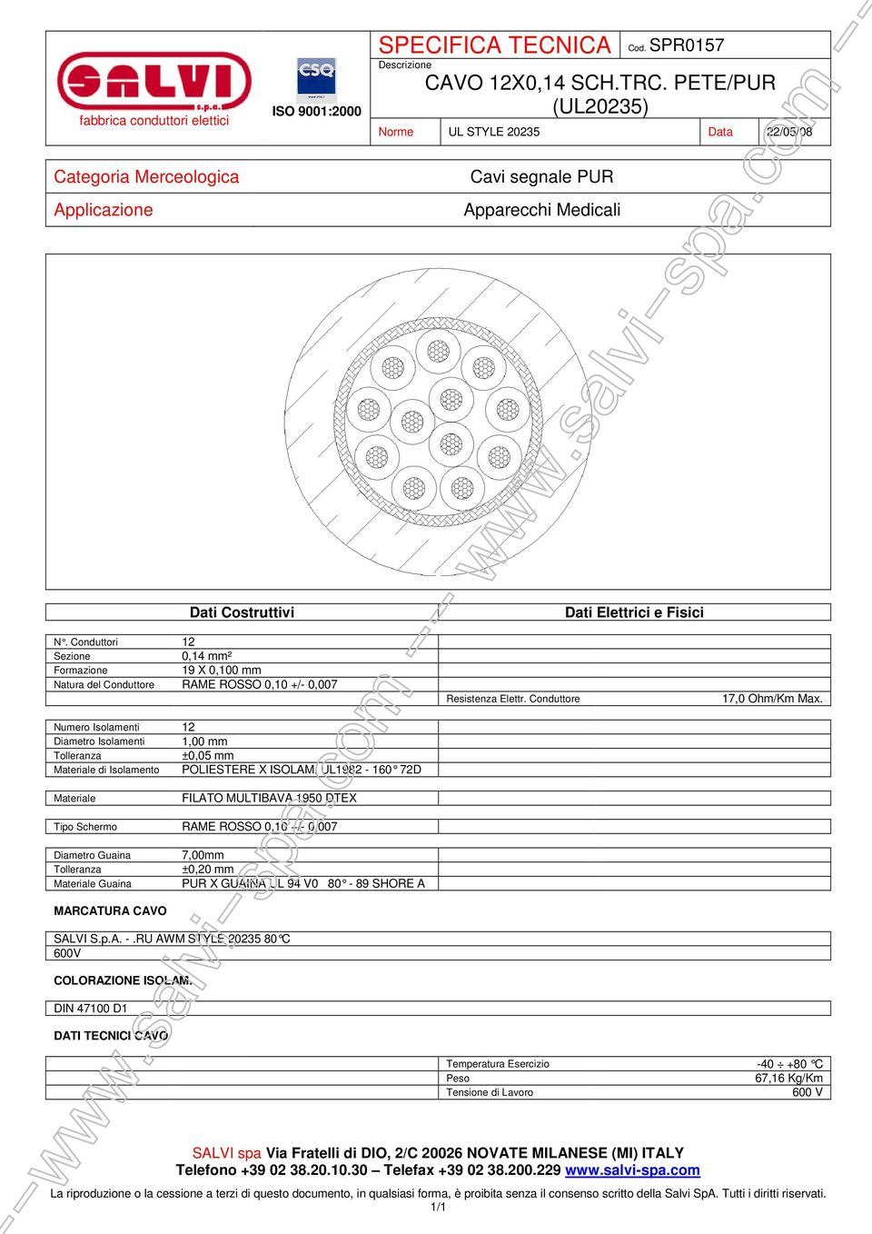 Isolamento POLIESTERE X ISOLAM. UL1982-160 72D Resistenza Elettr. Conduttore 17,0 Ohm/Km Max.