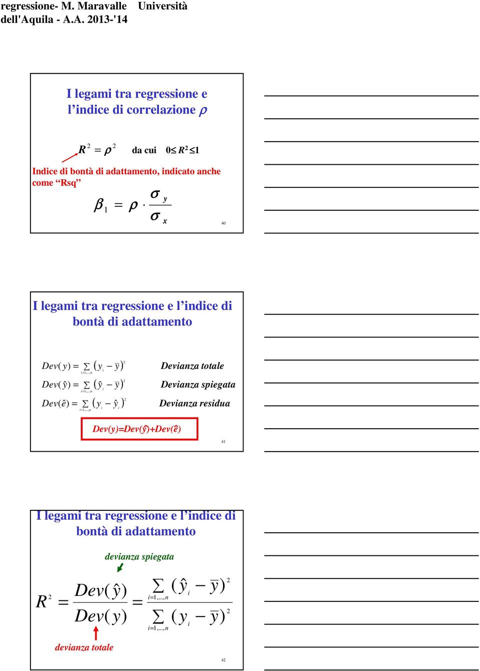 come Rsq σ ρ σ 4 I legam tra regressoe e l dce d botà d adattameto Dev( ) Dev( ˆ) Dev( eˆ),...,,.
