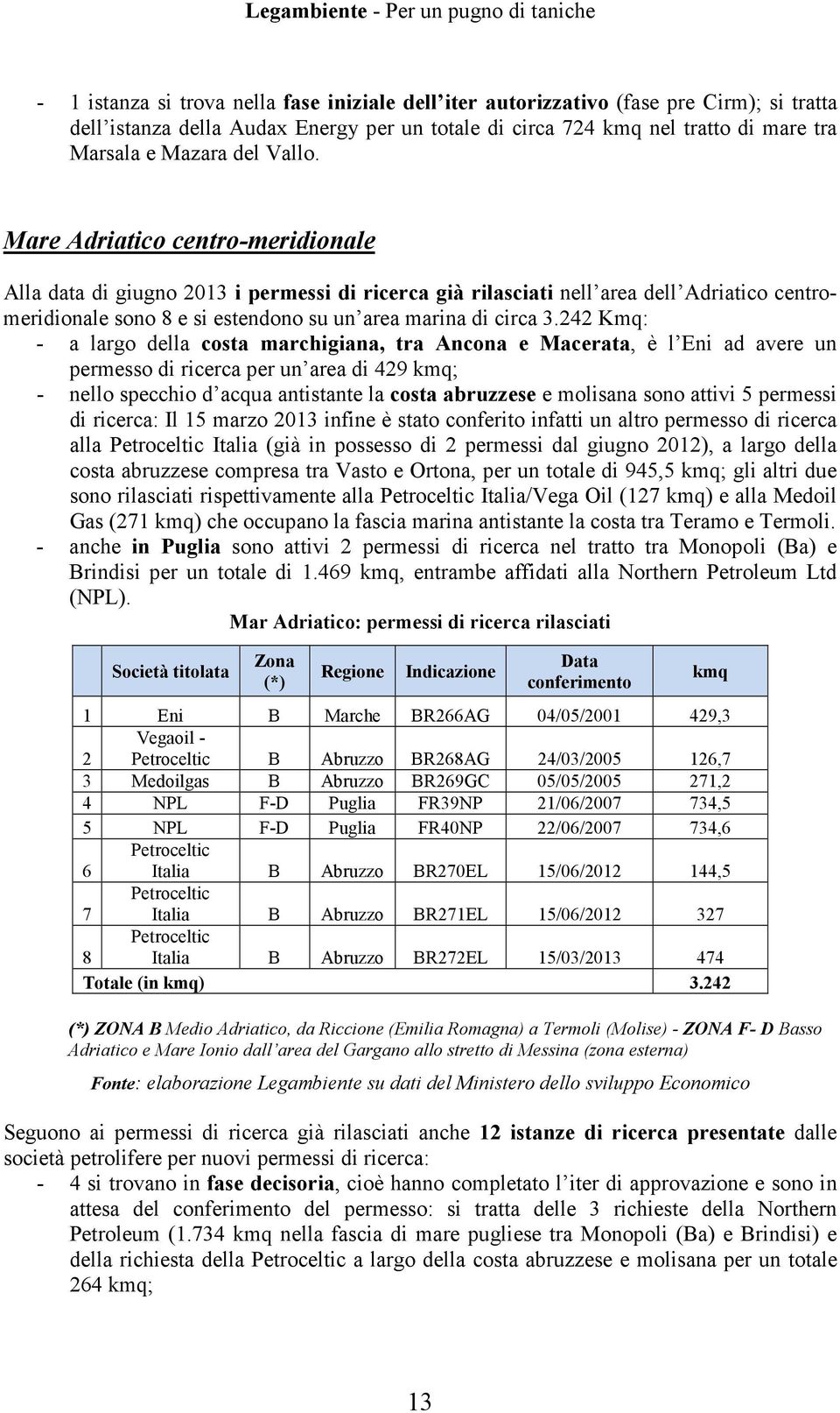 242 Kmq: - a largo della costa marchigiana, tra Ancona e Macerata, è l Eni ad avere un permesso di ricerca per un area di 429 kmq; - nello specchio d acqua antistante la costa abruzzese e molisana