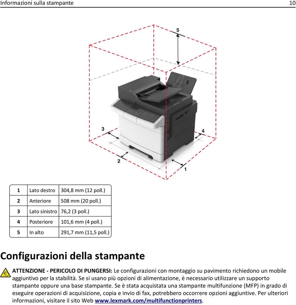 ) Configurazioni della stampante ATTENZIONE - PERICOLO DI PUNGERSI: Le configurazioni con montaggio su pavimento richiedono un mobile aggiuntivo per la stabilità.