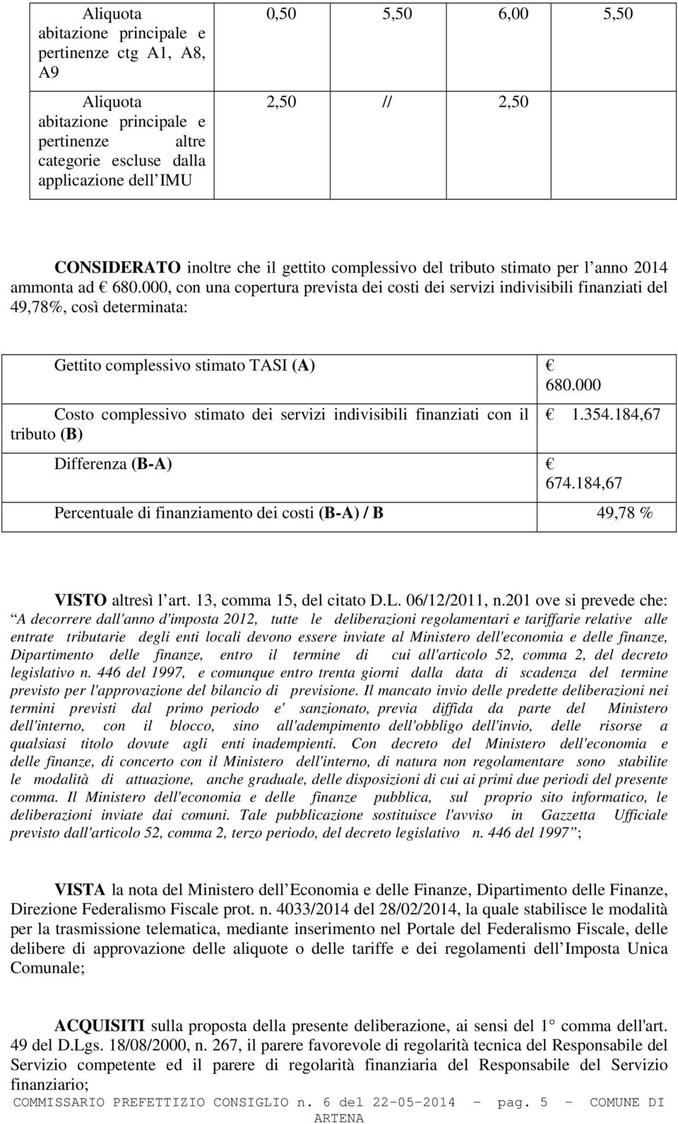 000, con una copertura prevista dei costi dei servizi indivisibili finanziati del 49,78%, così determinata: Gettito complessivo stimato TASI (A) 680.