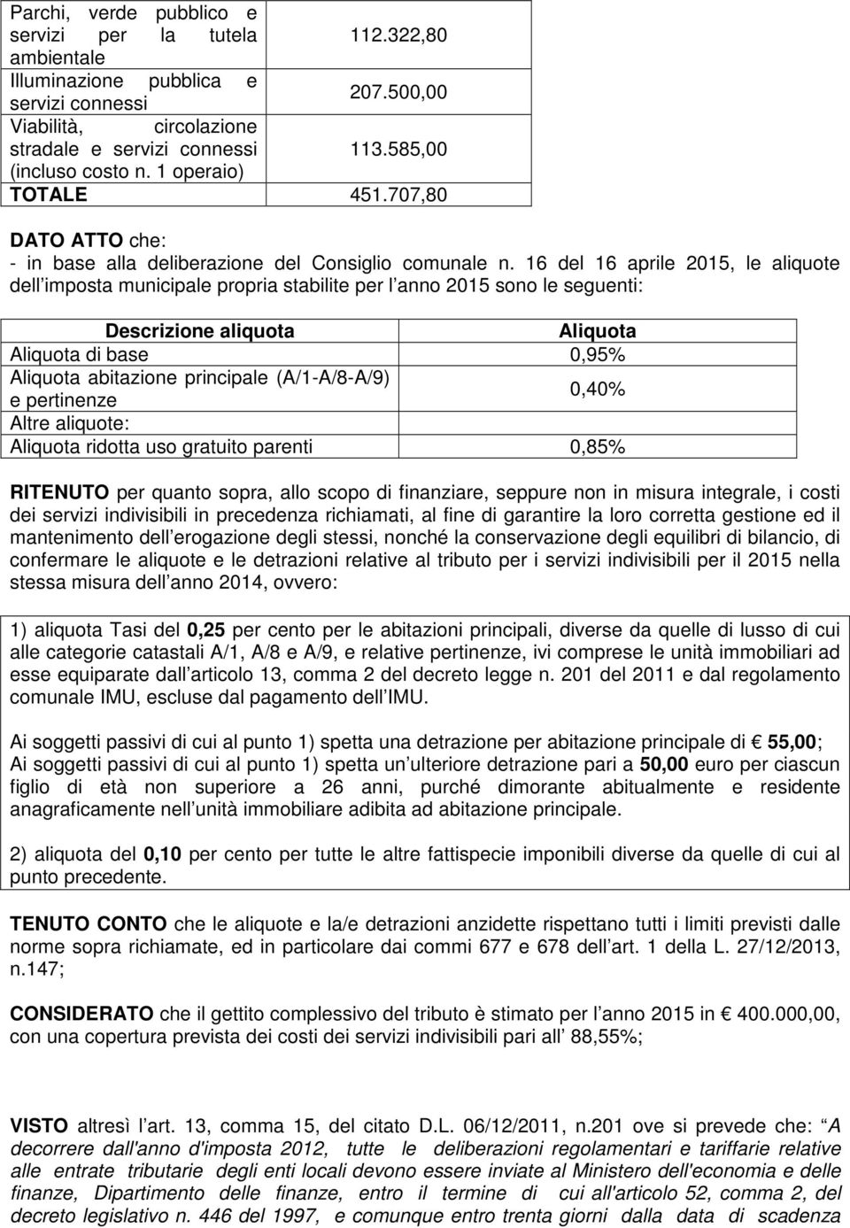 16 del 16 aprile 2015, le aliquote dell imposta municipale propria stabilite per l anno 2015 sono le seguenti: Descrizione aliquota Aliquota Aliquota di base 0,95% Aliquota abitazione principale