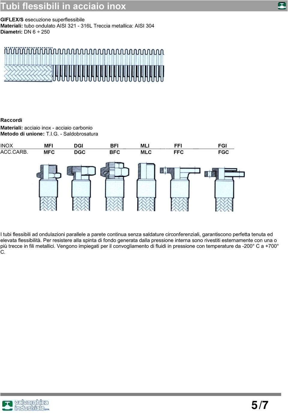 MFC DGC BFC MLC FFC FGC I tubi flessibili ad ondulazioni parallele a parete continua senza saldature circonferenziali, garantiscono perfetta tenuta ed elevata flessibilità.