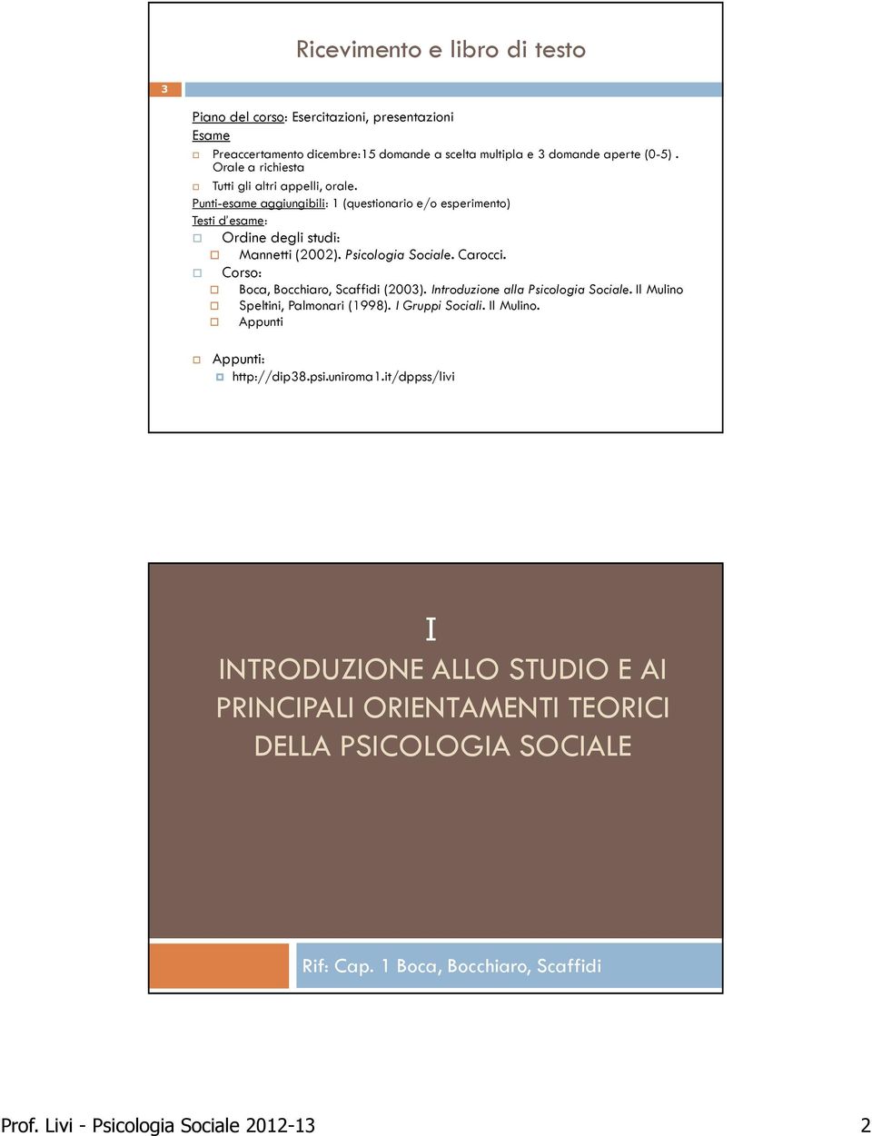 Carocci. Corso: Boca, Bocchiaro, Scaffidi (2003). Introduzione alla Psicologia Sociale. Il Mulino Speltini, Palmonari (1998). I Gruppi Sociali. Il Mulino. Appunti Appunti: http://dip38.