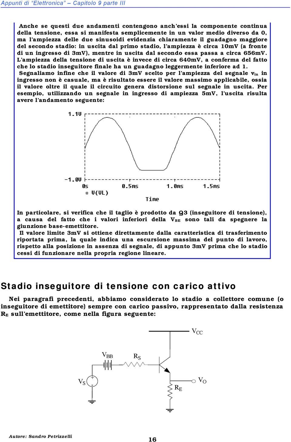 essa passa a circa 656V. L apiezza della tensione di uscita è inece di circa 640V, a confera del fatto che lo stadio inseguitore finale ha un guadagno leggerente inferiore ad.