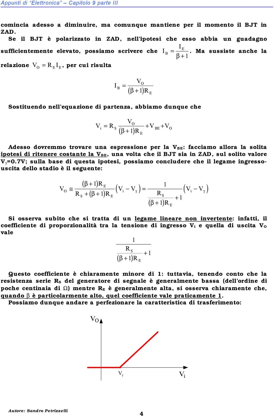 Ma sussiste anche la β relazione V = I, per cui risulta I B = V ( β ) ostituendo nell equazione di partenza, abbiao dunque che V i = V ( β ) V V B Adesso doreo troare una espressione per la V B: