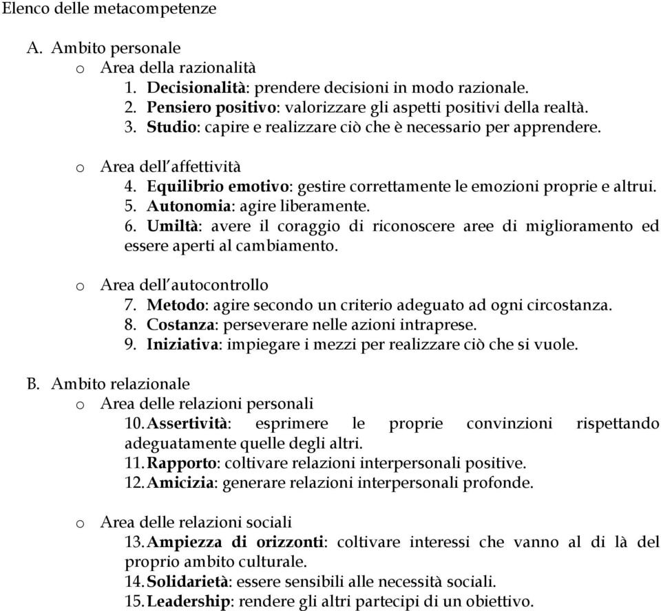 Umiltà: avere il coraggio di riconoscere aree di miglioramento ed essere aperti al cambiamento. o Area dell autocontrollo 7. Metodo: agire secondo un criterio adeguato ad ogni circostanza. 8.