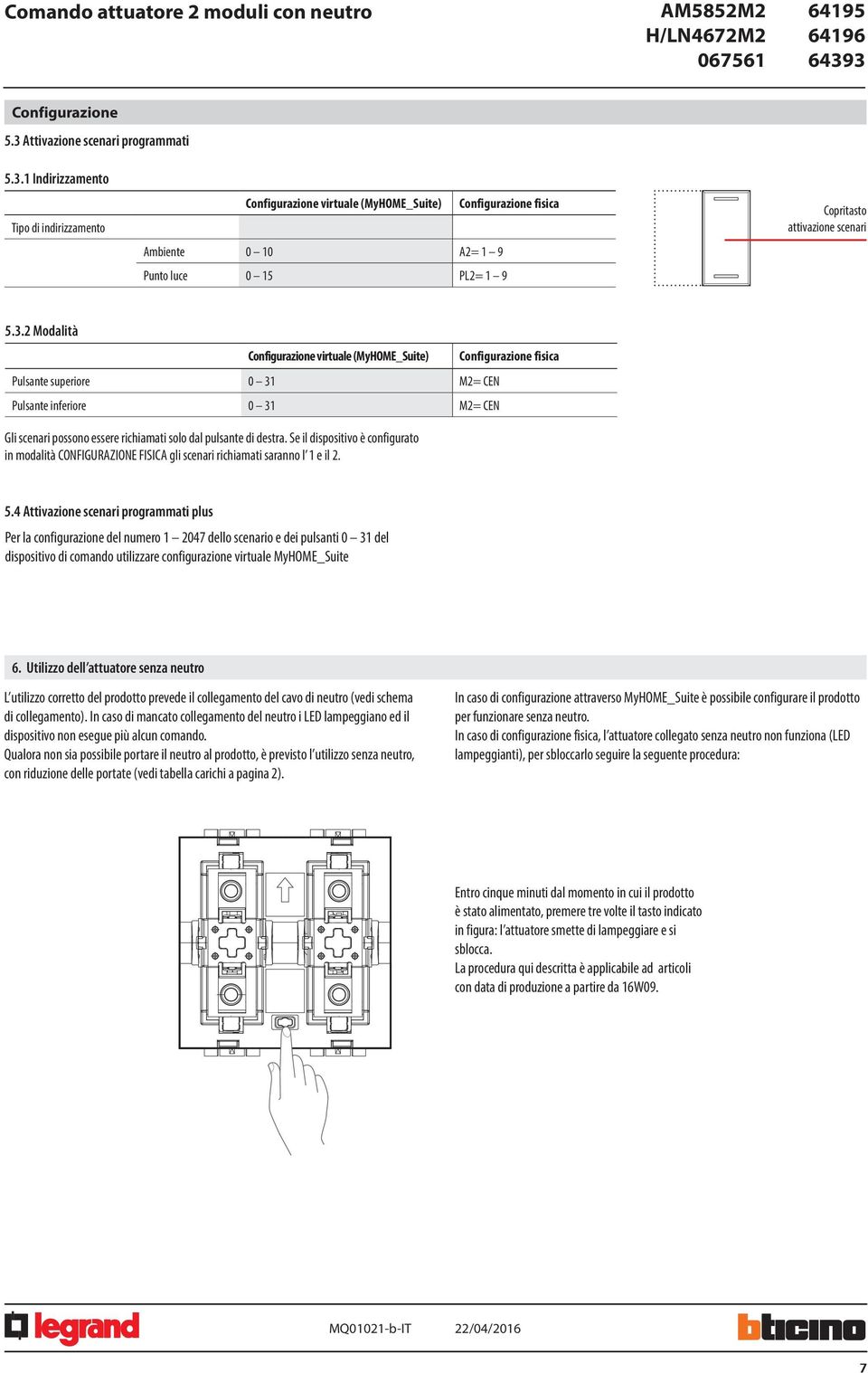 4 Attivazione scenari programmati plus Per la configurazione del numero 1 047 dello scenario e dei pulsanti 0 31 del dispositivo di comando utilizzare configurazione virtuale MyHOME_Suite 6.