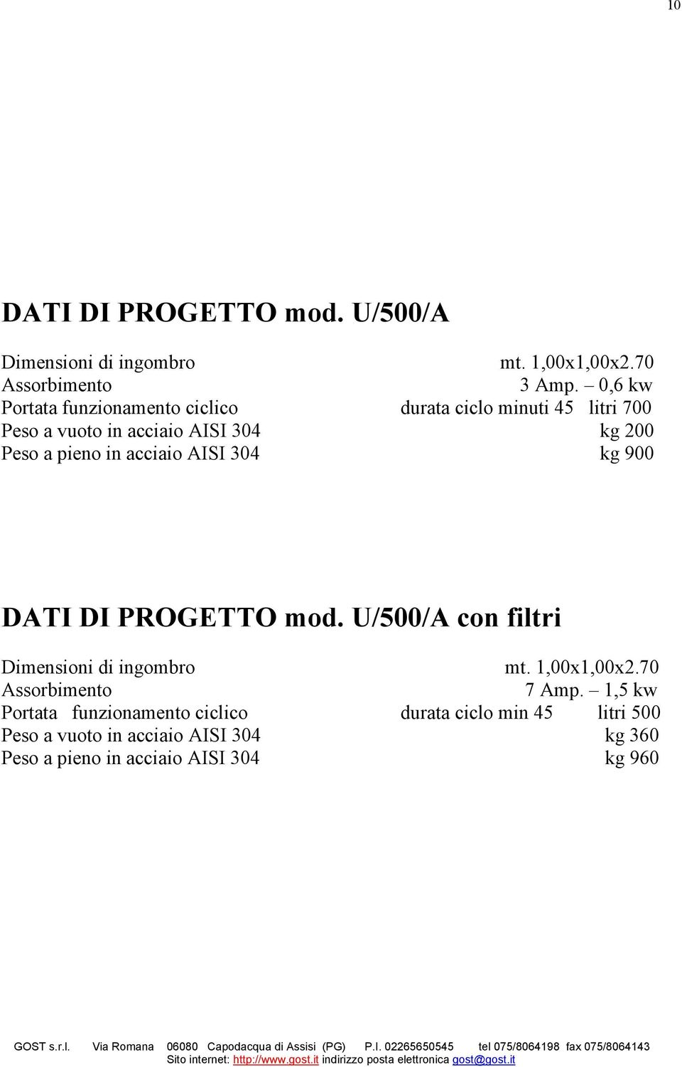 in acciaio AISI 304 kg 900 DATI DI PROGETTO mod. U/500/A con filtri Dimensioni di ingombro mt. 1,00x1,00x2.