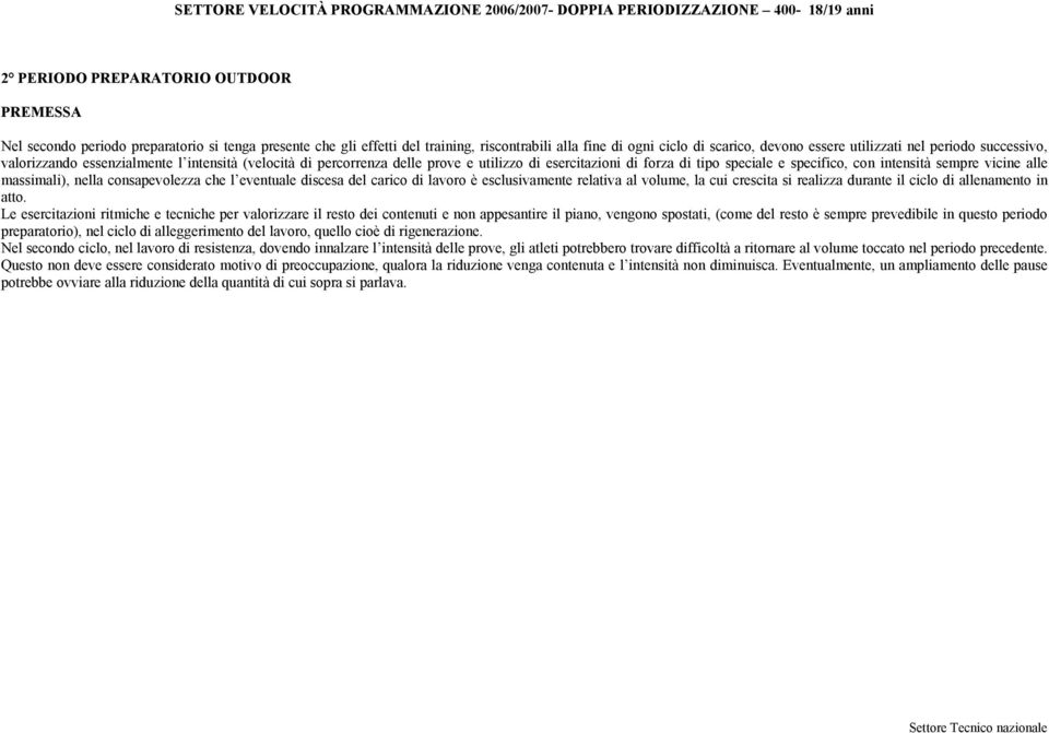 esercitazioni di forza di tipo speciale e specifico, con intensità sempre vicine alle massimali), nella consapevolezza che l eventuale discesa del carico di lavoro è esclusivamente relativa al