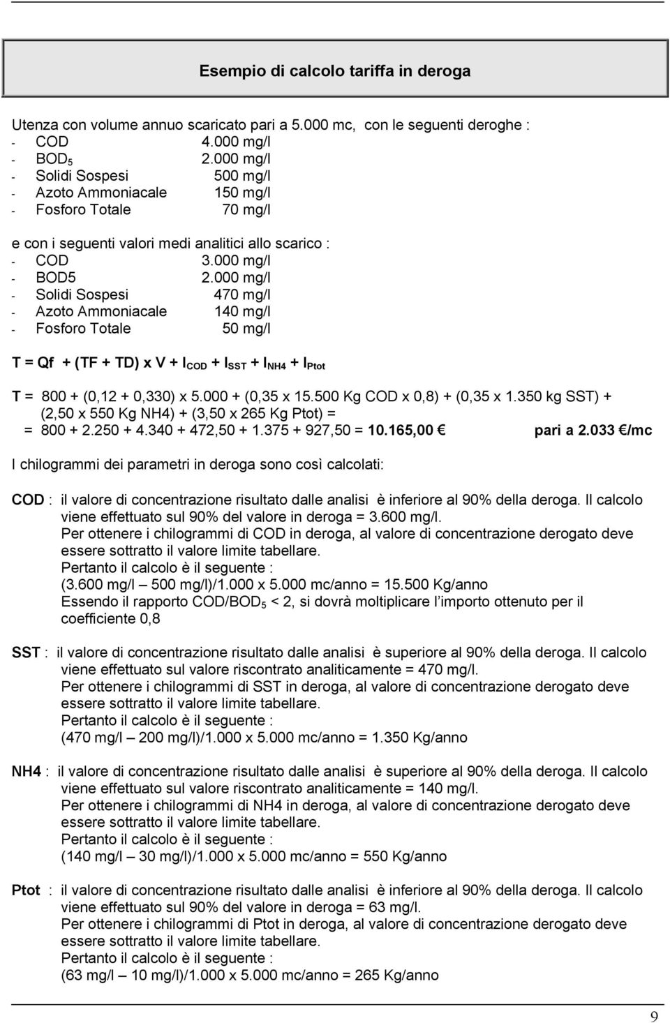 000 mg/l - Solidi Sospesi 470 mg/l - Azoto Ammoniacale 140 mg/l - Fosforo Totale 50 mg/l T = Qf + (TF + TD) x V + I COD + I SST + I NH4 + I Ptot T = 800 + (0,12 + 0,330) x 5.000 + (0,35 x 15.