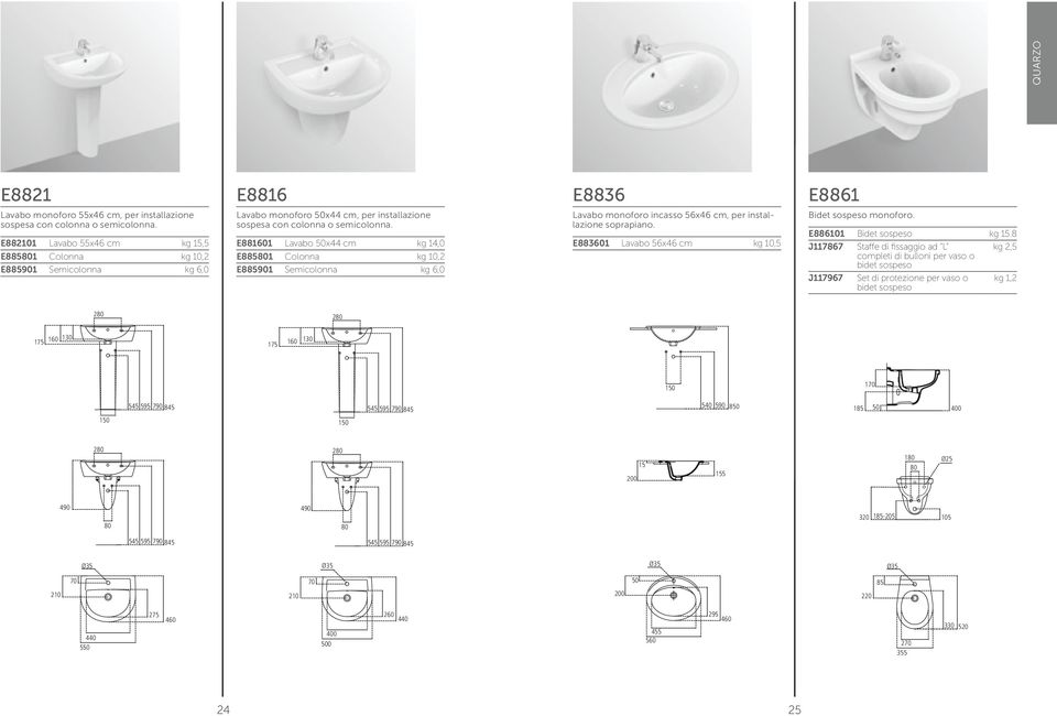 E881601 Lavabo 50x44 cm kg 14,0 E8851 Colonna kg 10,2 E885901 Semicolonna kg 6,0 Lavabo monoforo incasso 56x46 cm, per installazione soprapiano. E881 Lavabo 56x46 cm kg 10,5 Bidet sospeso monoforo.