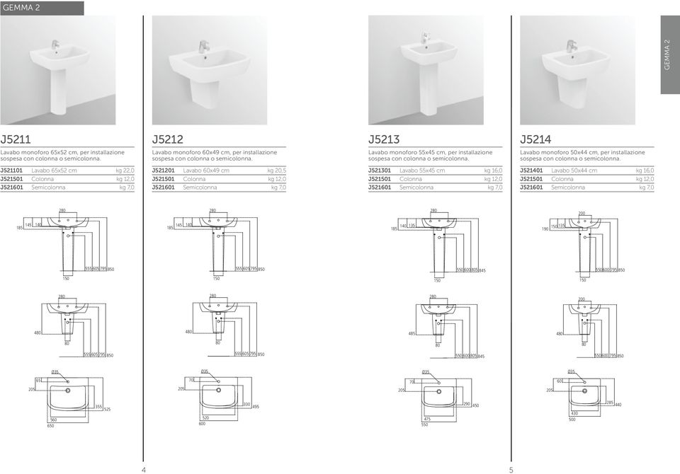 J521101 Lavabo x52 cm kg 22,0 J521 Colonna kg 12,0 J521601 Semicolonna kg 7,0 J521201 Lavabo 60x49 cm kg 20,5 J521 Colonna kg 12,0 J521601 Semicolonna kg 7,0 J521301 Lavabo 55x45 cm kg 16,0 J521