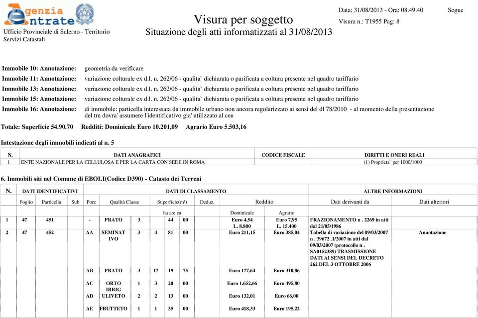 sensi del dl 78/2010 - al momento della presentazione del tm dovra' assumere l'identificativo gia' utilizzato al ceu Totale: Superficie 54.90.70 Redditi: Dominicale Euro 10.201,09 Agrario Euro 5.