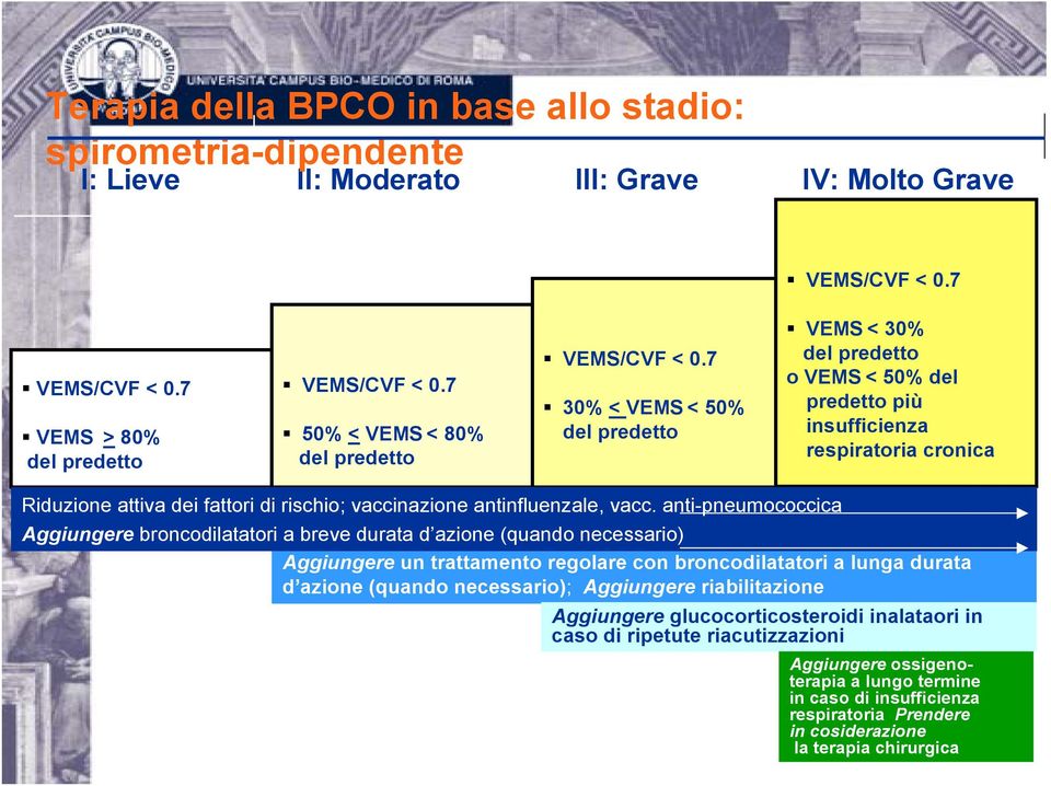 7 30% < VEMS < 50% del predetto VEMS < 30% del predetto o VEMS < 50% del predetto più insufficienza respiratoria cronica Riduzione attiva dei fattori di rischio; vaccinazione antinfluenzale, vacc.