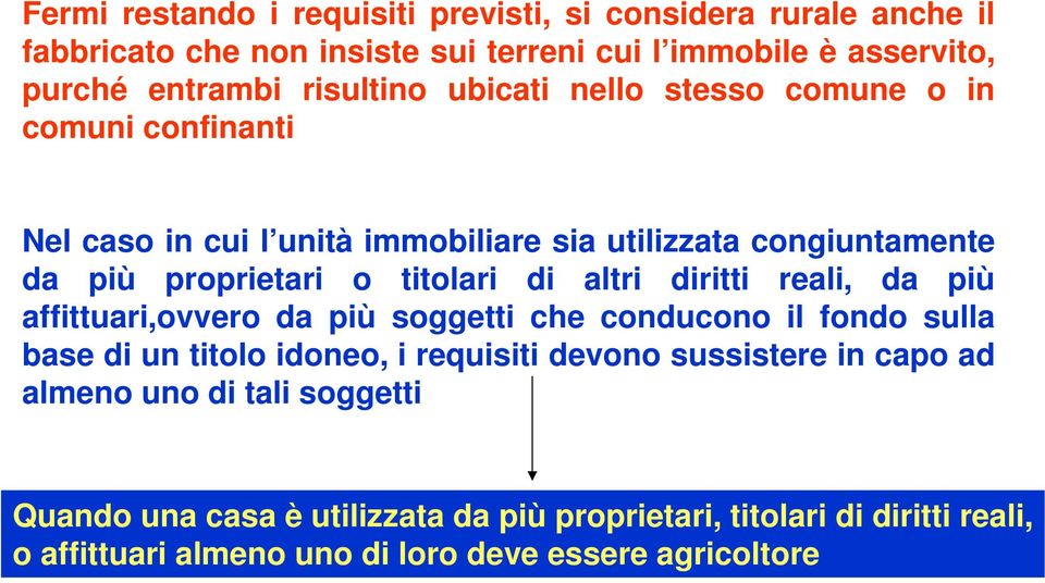 di altri diritti reali, da più affittuari,ovvero da più soggetti che conducono il fondo sulla base di un titolo idoneo, i requisiti devono sussistere in