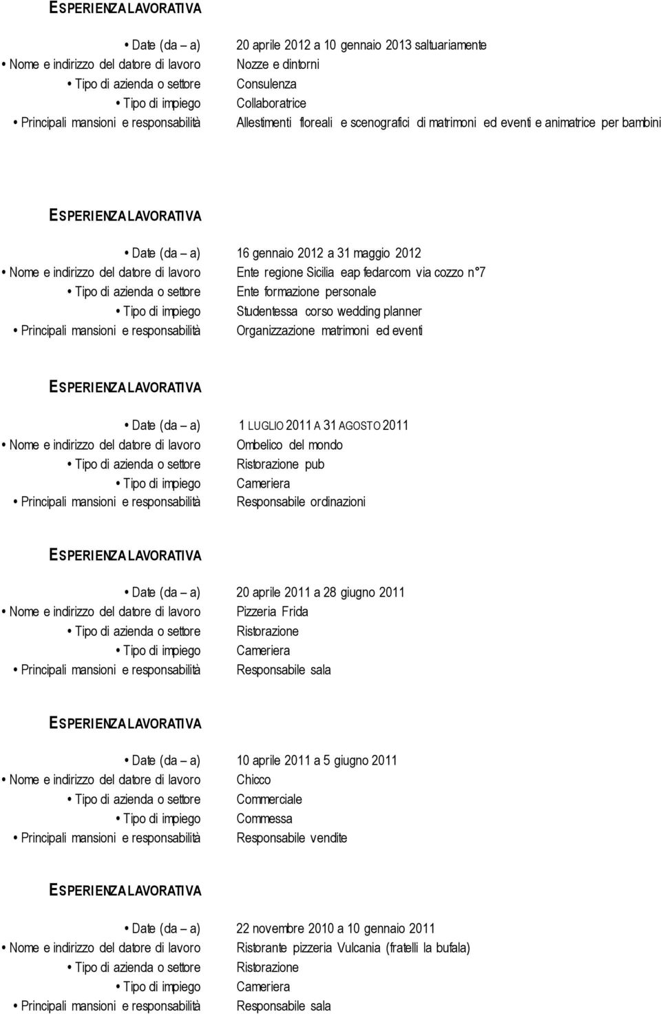 regione Sicilia eap fedarcom via cozzo n 7 Tipo di azienda o settore Ente formazione personale Tipo di impiego Studentessa corso wedding planner Principali mansioni e responsabilità Organizzazione