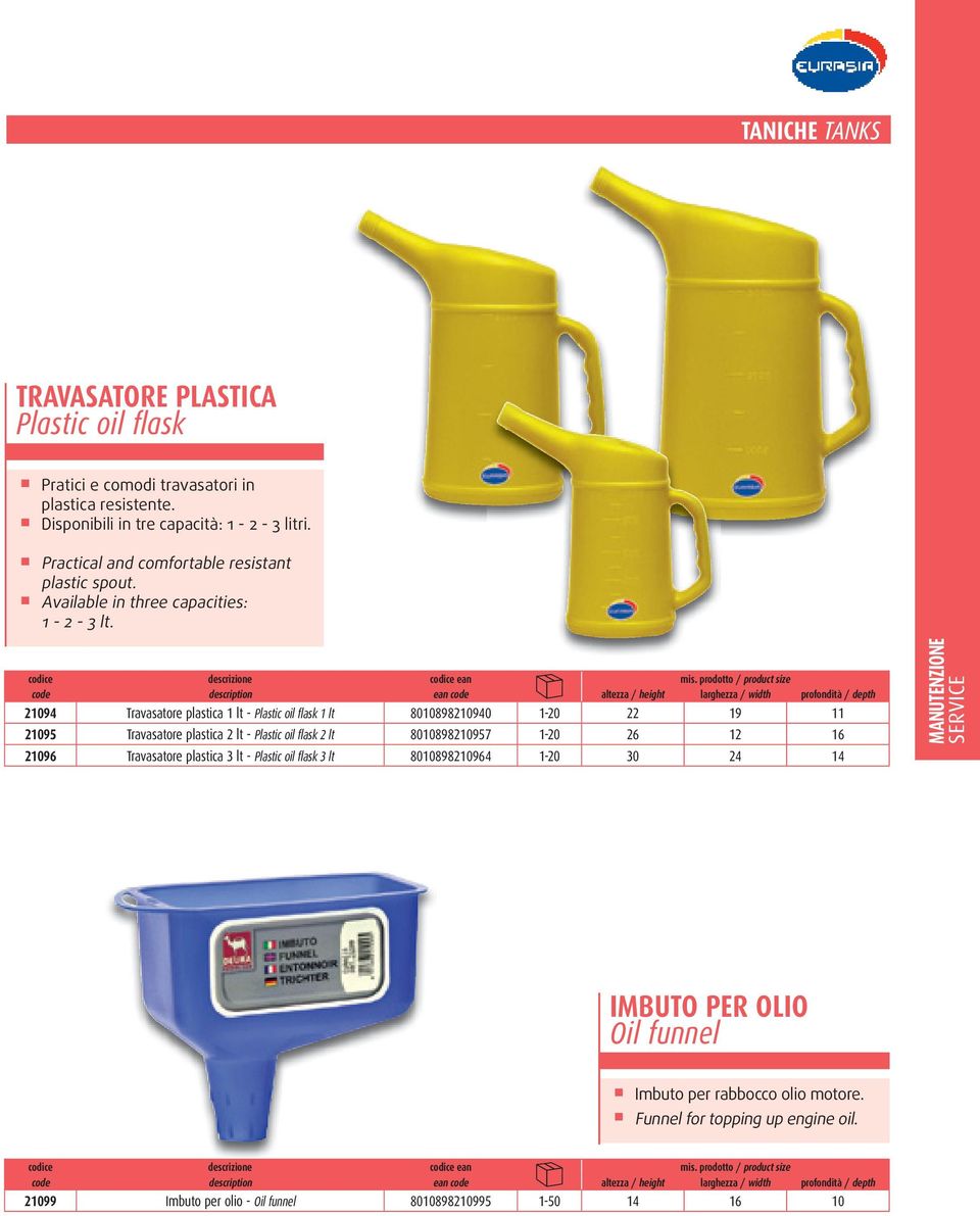 21094 Travasatore plastica 1 lt - Plastic oil fl ask 1 lt 8010898210940 1-20 22 19 11 21095 Travasatore plastica 2 lt - Plastic oil fl ask 2 lt 8010898210957