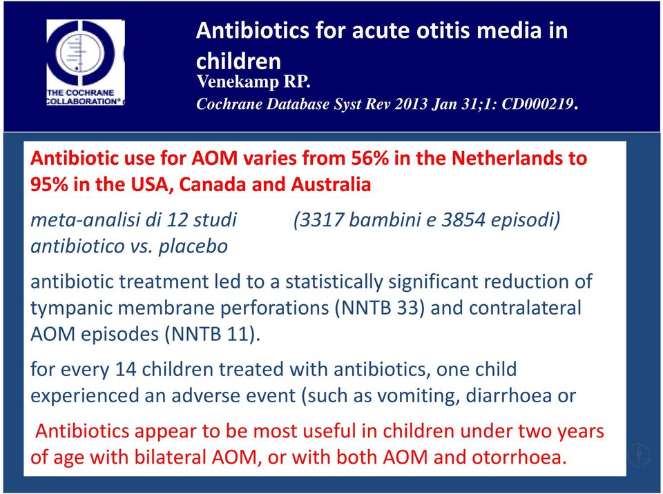 (3317 bambini e 3854 episodi) antibiotic treatment led to a statistically significant reduction of tympanic membrane perforations (NNTB 33) and contralateral AOM episodes