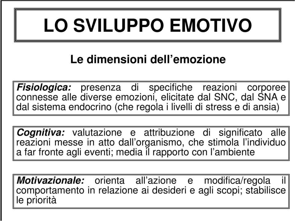 significato alle reazioni messe in atto dall organismo, che stimola l individuo a far fronte agli eventi; media il rapporto con l