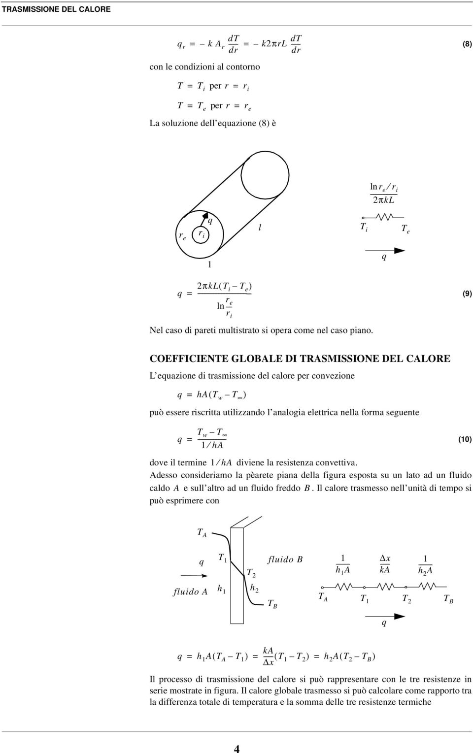 (9) COEFFICIENTE GLOBALE DI TRASMISSIONE DEL CALORE L euazione di trasmissione del calore per convezione ha( T w T ) può essere riscritta utilizzando l analogia elettrica nella forma seguente T w T