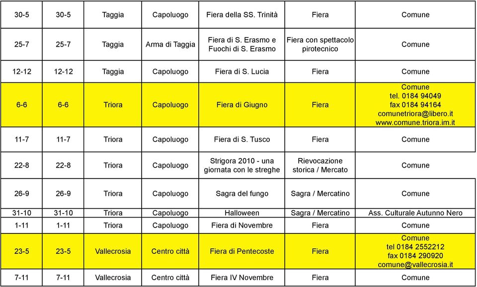 Tusco 22-8 22-8 Triora Capoluogo Strigora 2010 - una giornata con le streghe Rievocazione storica / Mercato 26-9 26-9 Triora Capoluogo del fungo / 31-10 31-10 Triora Capoluogo