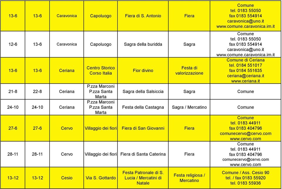 0183 55050 fax 0183 554914 caravonica@uno.it www.comune.caravonica.im.it di Ceriana tel. 0184 551017 fax 0184 551635 ceriana@