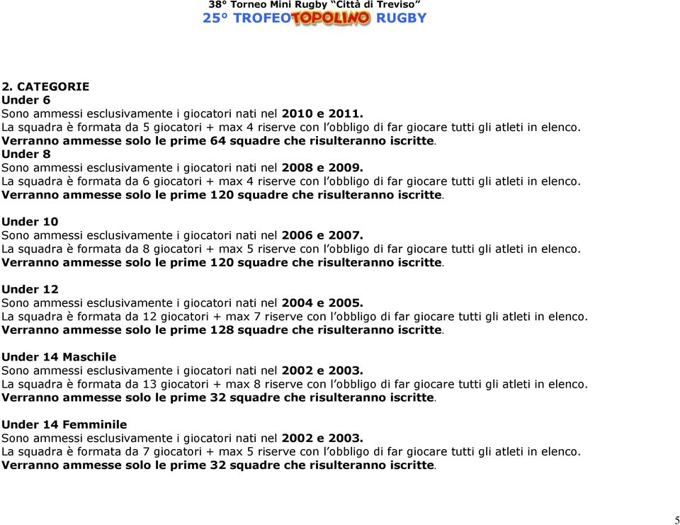 La squadra è formata da 6 giocatori + max 4 riserve con l obbligo di far giocare tutti gli atleti in elenco. Verranno ammesse solo le prime 120 squadre che risulteranno iscritte.