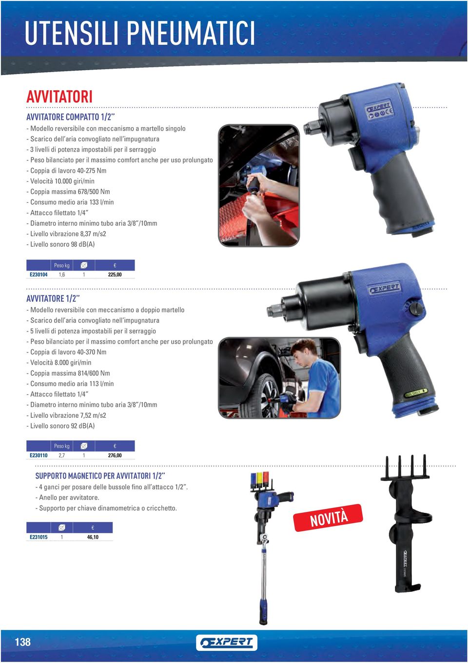 000 giri/min - Coppia massima 678/500 Nm - Consumo medio aria 133 l/min - Diametro interno minimo tubo aria 3/8 /10mm - ivello vibrazione 8,37 m/s2 - ivello sonoro 98 db(a) E230104 1,6 1 225,00