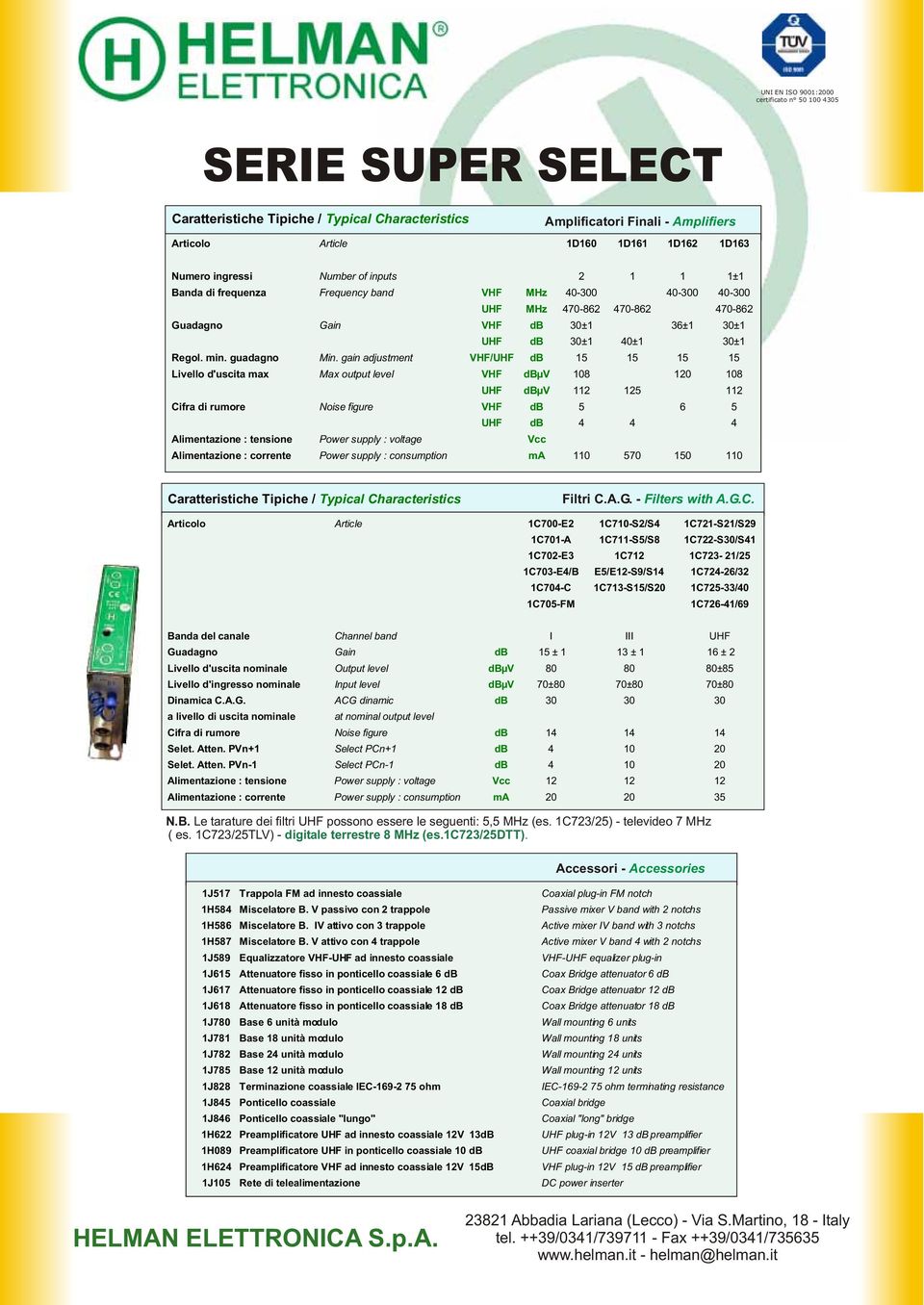 gain adjustment VHF/UHF db 15 15 15 15 Livello d'uscita max Max output level VHF dbµv 108 120 108 UHF dbµv 112 125 112 Cifra di rumore Noise figure VHF db 5 6 5 UHF db 4 4 4 Alimentazione : tensione