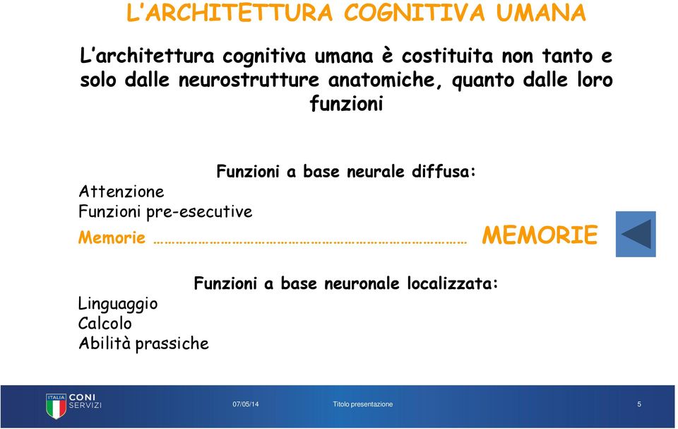 neurale diffusa: Attenzione Funzioni pre-esecutive Memorie MEMORIE Funzioni a base