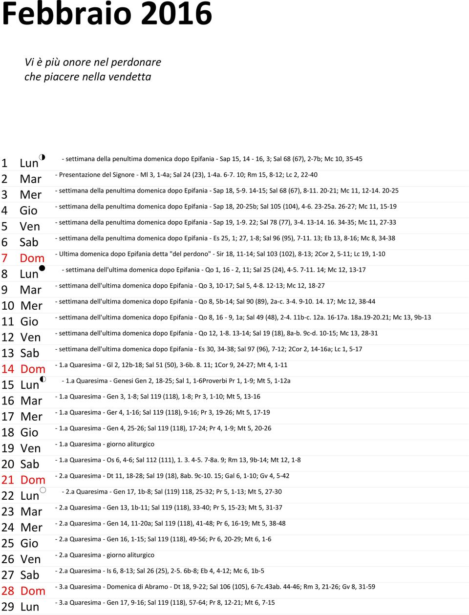 10; Rm 15, 8-12; Lc 2, 22-40 3 Mer 4 Gio 5 Ven 6 Sab 7 Dom 8 Lun 9 Mar - settimana dell'ultima domenica dopo Epifania - Qo 3, 10-17; Sal 5, 4-8.