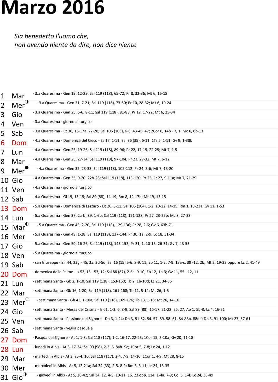 a Quaresima - Gen 21, 7-21; Sal 119 (118), 73-80; Pr 10, 28-32; Mt 6, 19-24 - 3.a Quaresima - Gen 25, 5-6. 8-11; Sal 119 (118), 81-88; Pr 12, 17-22; Mt 6, 25-34 - 3.