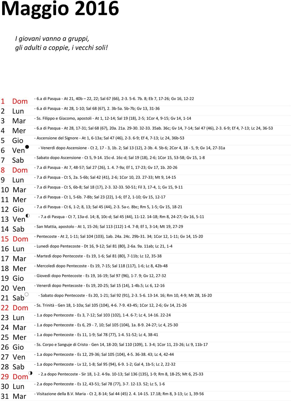 Lun 31 Mar - 6.a di Pasqua - At 21, 40b 22, 22; Sal 67 (66), 2-3. 5-6. 7b. 8; Eb 7, 17-26; Gv 16, 12-22 - 6.a di Pasqua - At 28, 1-10; Sal 68 (67), 2. 3b-5a. 5b-7b; Gv 13, 31-36 - Ss.