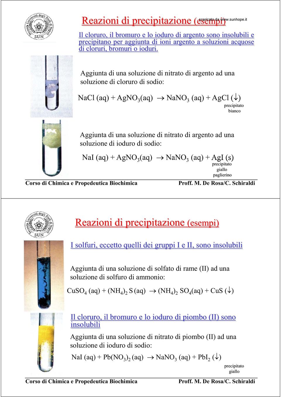 ad una soluzione di ioduro di sodio: NaI (aq) + AgNO 3 (aq) NaNO 3 (aq) + AgI (s) precipitato giallo paglierino Reazioni di precipitazione (esempi) I solfuri, eccetto quelli dei gruppi I e II, sono