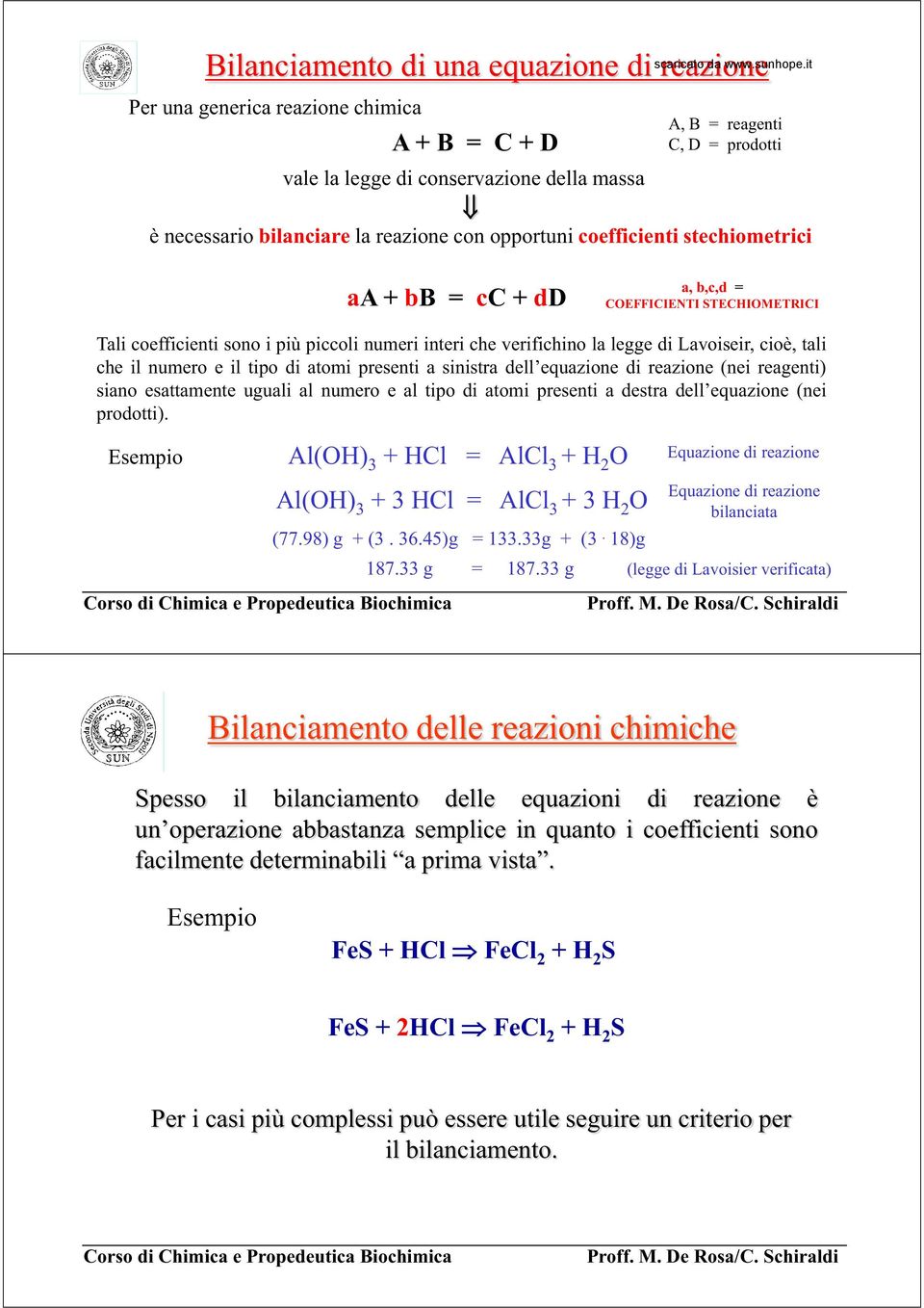 cioè, tali che il numero e il tipo di atomi presenti a sinistra di reazione (nei reagenti) siano esattamente uguali al numero e al tipo di atomi presenti a destra (nei prodotti).