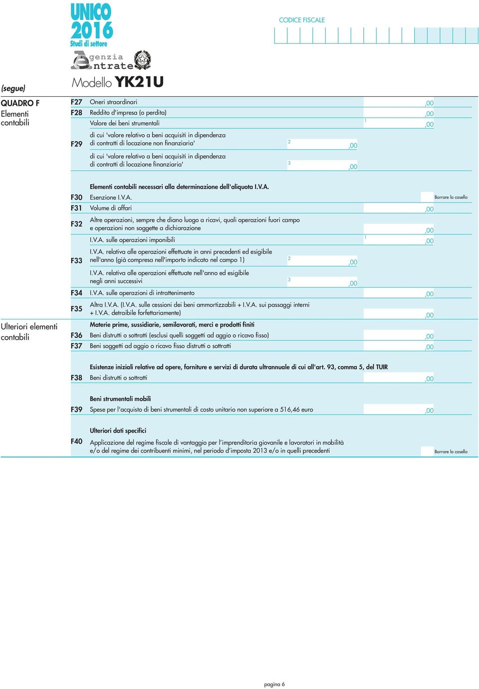 Esenzione I.V.A. Volume di affari F Altre operazioni, sempre che diano luogo a ricavi, quali operazioni fuori campo e operazioni non soggette a dichiarazione I.V.A. sulle operazioni imponibili F I.V.A. relativa alle operazioni effettuate in anni precedenti ed esigibile nell'anno (già compresa nell'importo indicato nel campo ) F4 I.