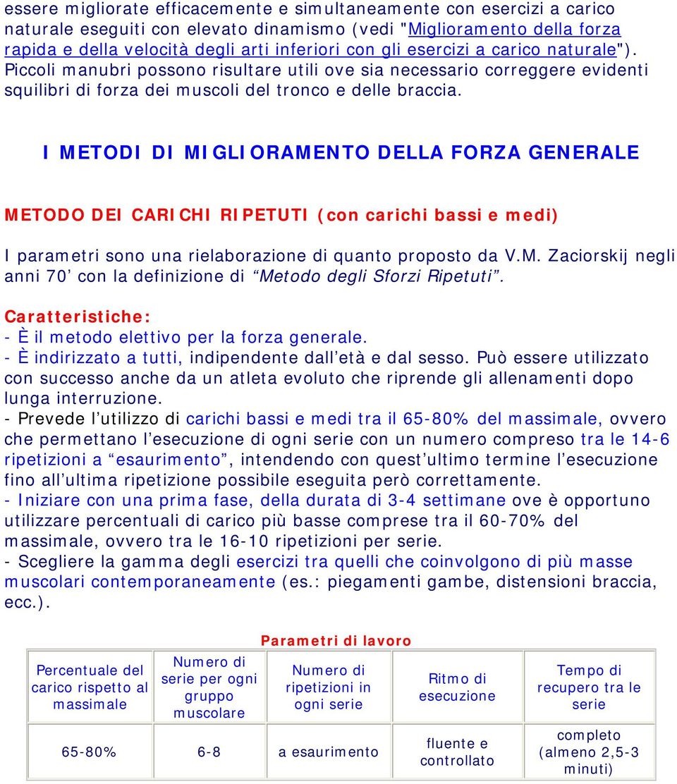 I METODI DI MIGLIORAMENTO DELLA FORZA GENERALE METODO DEI CARICHI RIPETUTI (con carichi bassi e medi) I parametri sono una rielaborazione di quanto proposto da V.M. Zaciorskij negli anni 70 con la definizione di Metodo degli Sforzi Ripetuti.