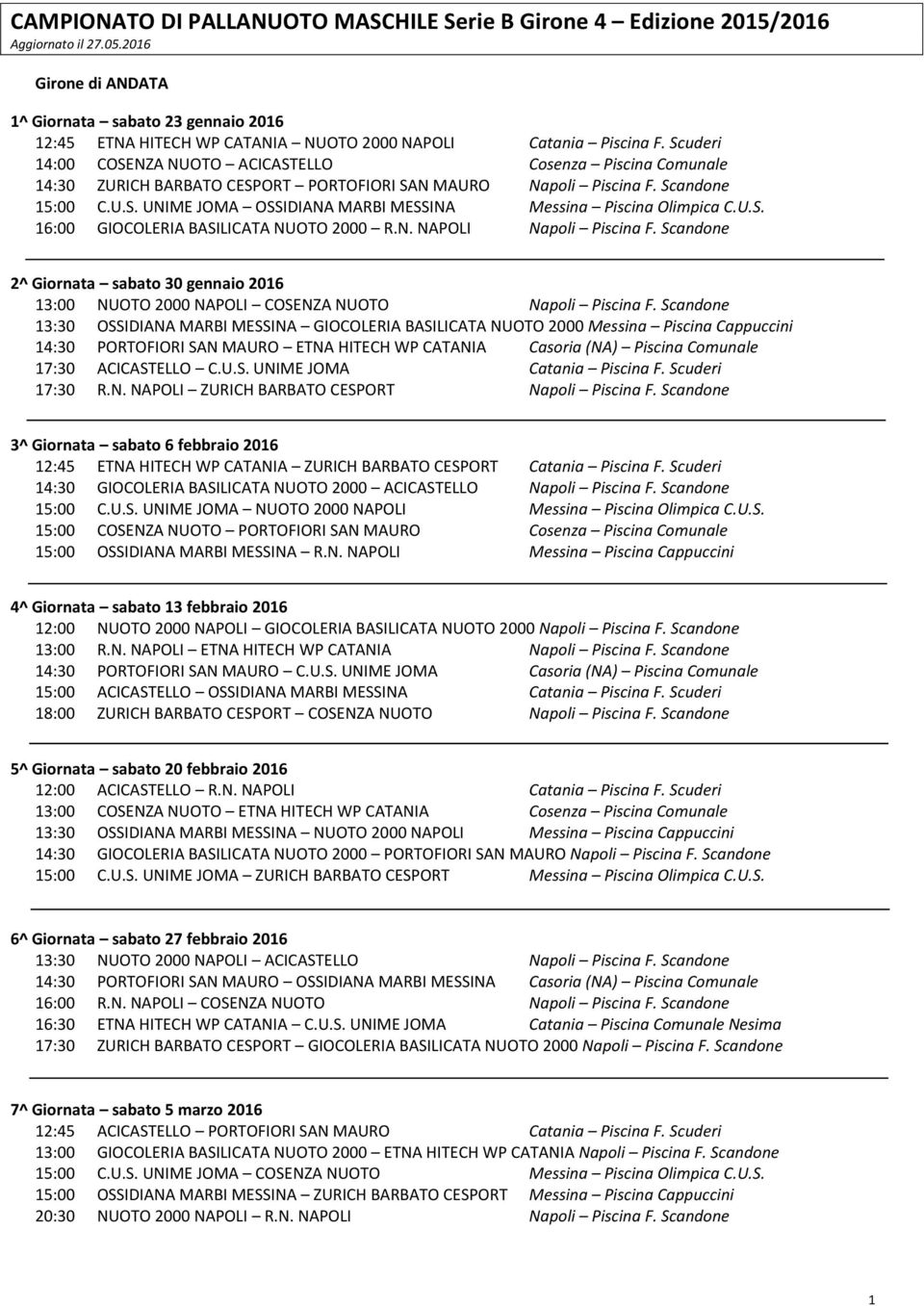 Scuderi 14:00 COSENZA NUOTO ACICASTELLO Cosenza Piscina Comunale 14:30 ZURICH BARBATO CESPORT PORTOFIORI SAN MAURO Napoli Piscina F. Scandone 15:00 C.U.S. UNIME JOMA OSSIDIANA MARBI MESSINA Messina Piscina Olimpica C.