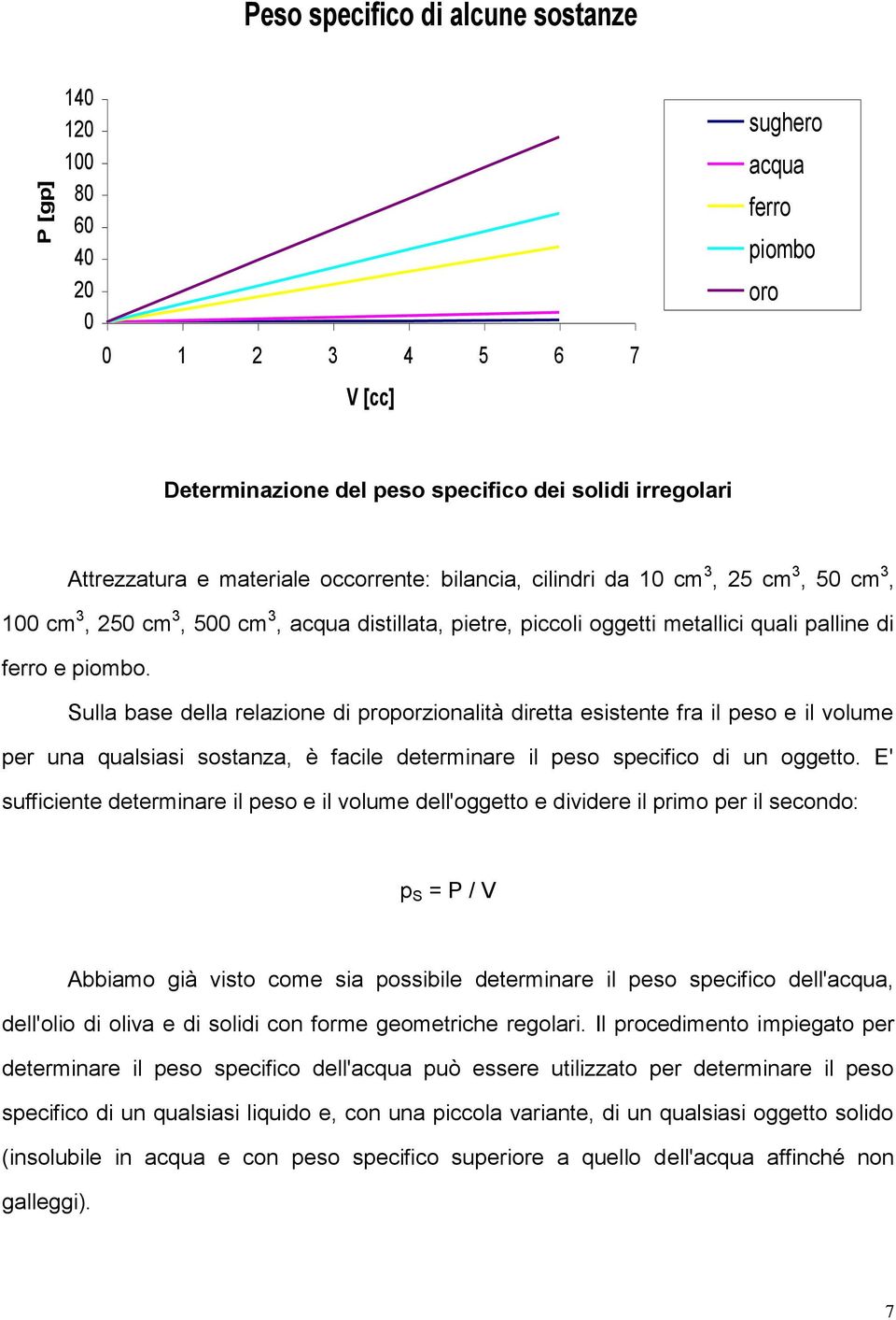 Sulla base della relazione di proporzionalità diretta esistente fra il peso e il volume per una qualsiasi sostanza, è facile determinare il peso specifico di un oggetto.