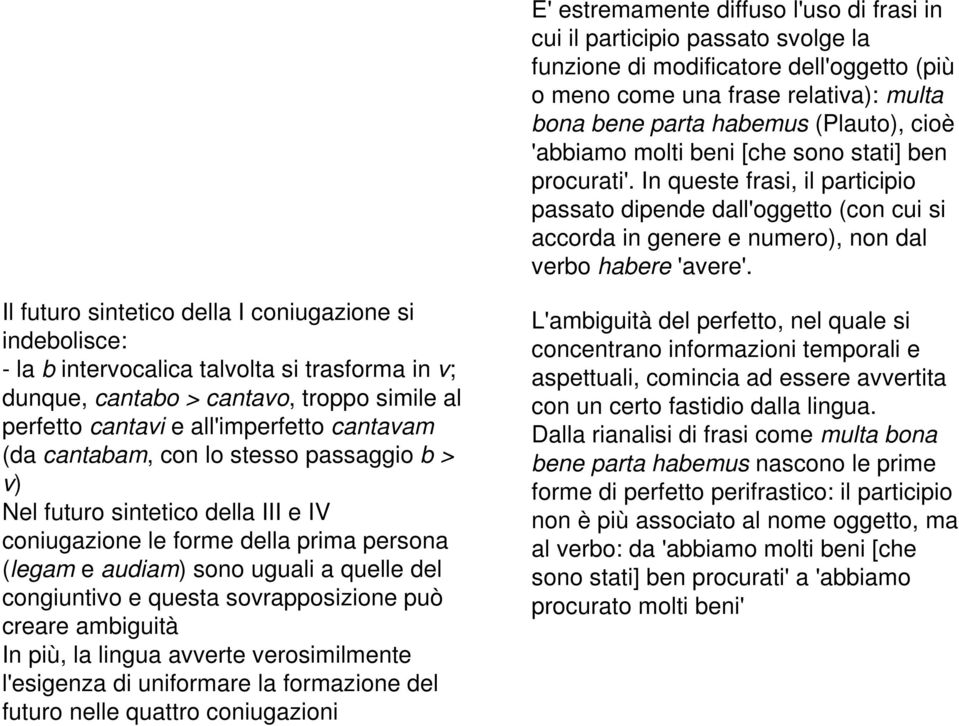 Il futuro sintetico della I coniugazione si indebolisce: - la b intervocalica talvolta si trasforma in v; dunque, cantabo > cantavo, troppo simile al perfetto cantavi e all'imperfetto cantavam (da