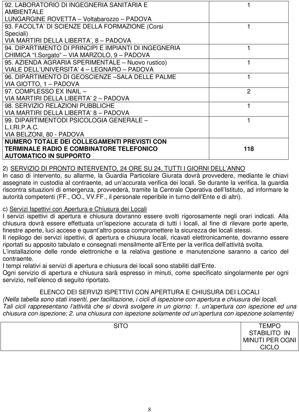 DIPARTIMENTO DI GEOSCIENZE SALA DELLE PALME VIA GIOTTO, PADOVA 97. COMPLESSO EX INAIL VIA MARTIRI DELLA LIBERTA PADOVA 98. SERVIZIO RELAZIONI PUBBLICHE VIA MARTIRI DELLA LIBERTA 8 PADOVA 99.