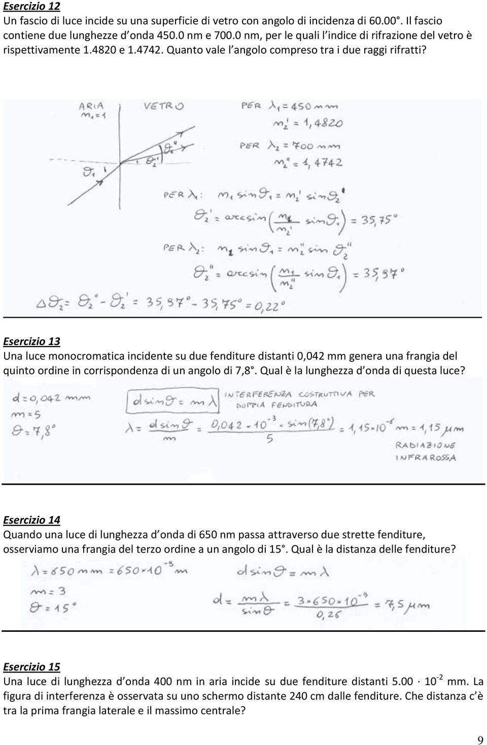 Esercizio 13 Una luce monocromatica incidente su due fenditure distanti 0,042 mm genera una frangia del quinto ordine in corrispondenza di un angolo di 7,8. Qual è la lunghezza d onda di questa luce?