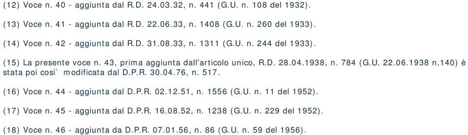 1938, n. 784 (G.U. 22.06.1938 n.140) è stata poi cosi` modificata dal D.P.R. 30.04.76, n. 517. (16) Voce n. 44 - aggiunta dal D.P.R. 02.12.51, n. 1556 (G.U. n. 11 del 1952).