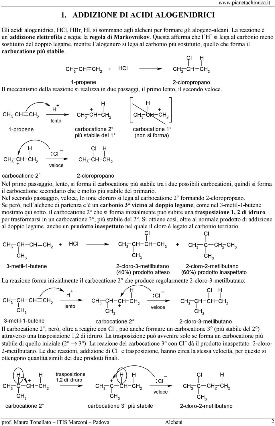 1-propene 2-cloropropano Il meccanismo della reazione si realizza in due passaggi, il primo lento, il secondo veloce 2 2 lento 1-propene più stabile del 1 2 carbocatione 1 (non si forma) 2 l veloce l