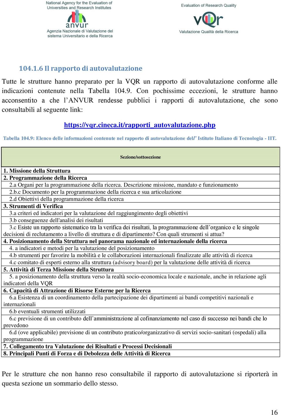 it/rapporti_autovalutazione.php Tabella 104.9: Elenco delle informazioni contenute nel rapporto di autovalutazione dell Istituto Italiano di Tecnologia - IIT. Sezione/sottosezione 1.