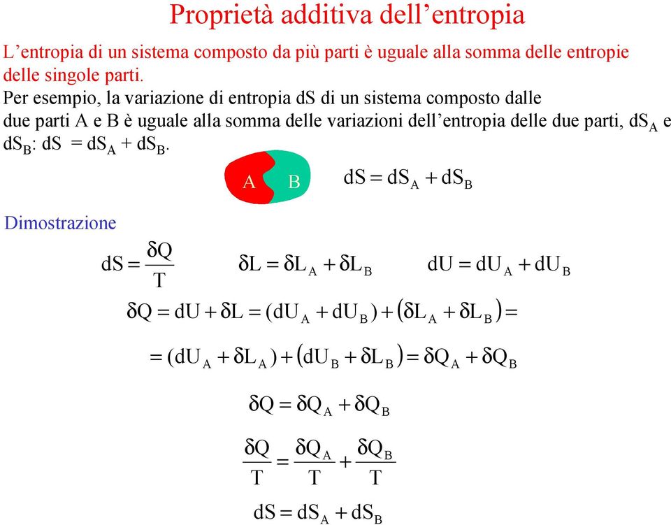 Per esempio, la variazione di entropia ds di un sistema composto dalle due parti e è uguale alla somma delle variazioni