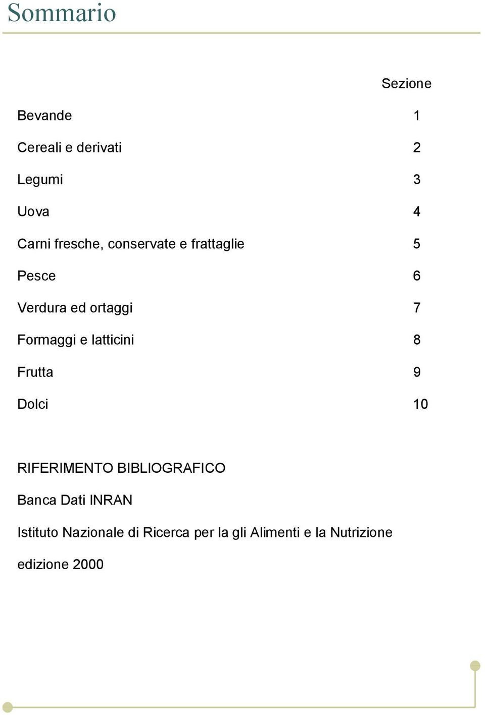 latticini 8 Frutta 9 Dolci 10 RIFERIMENTO BIBLIOGRAFICO Banca Dati INRAN