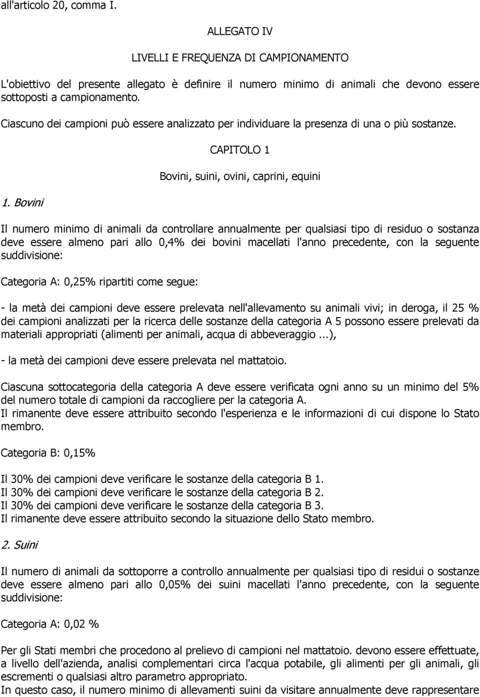 Bovini CAPITOLO 1 Bovini, suini, ovini, caprini, equini Il numero minimo di animali da controllare annualmente per qualsiasi tipo di residuo o sostanza deve essere almeno pari allo 0,4% dei bovini